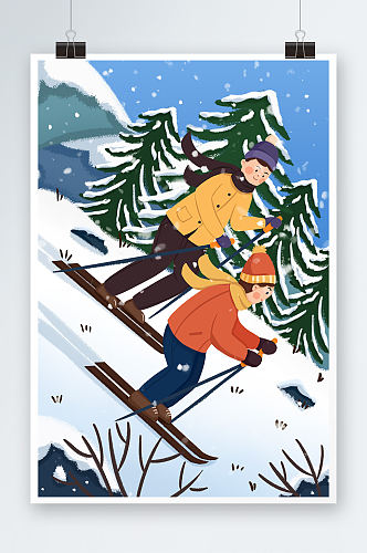 扁平化卡通冬季滑雪父子滑雪人物插画