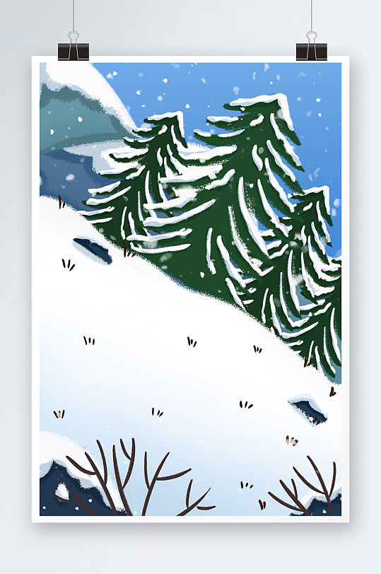 手绘卡通冬季雪景背景图