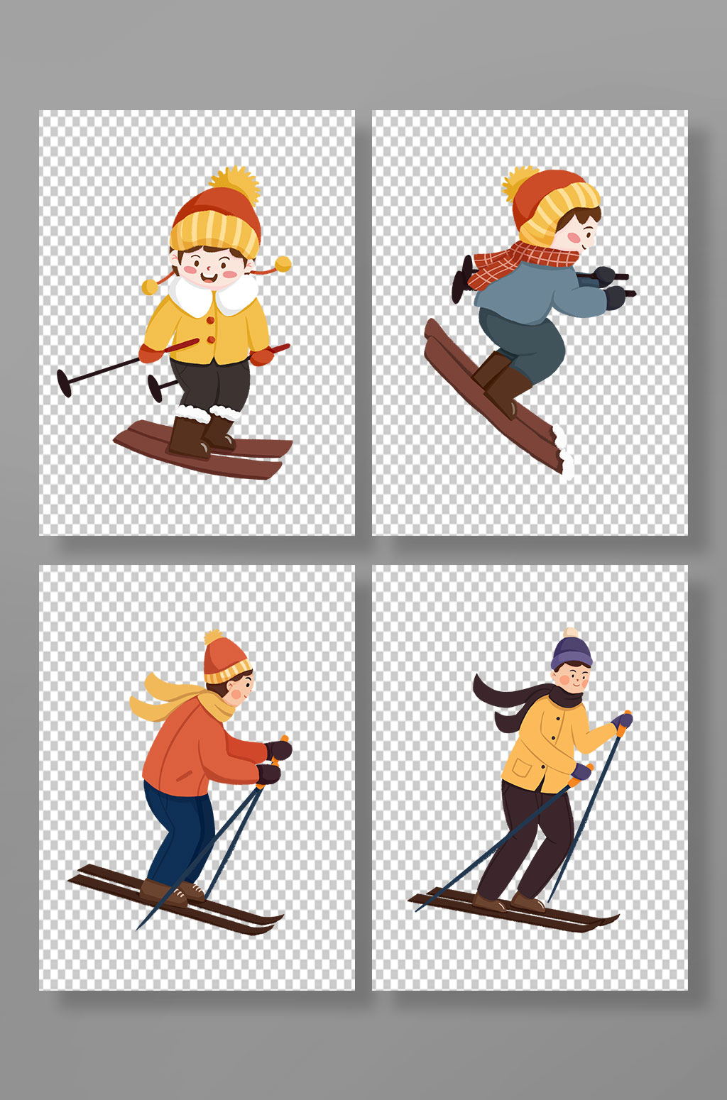 手绘卡通滑雪人物插画冬季免抠元素素材