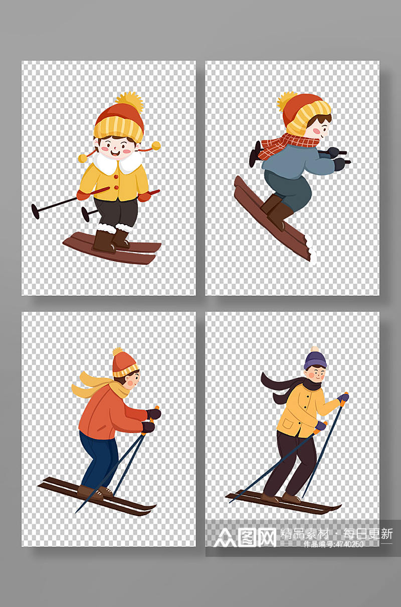 手绘卡通滑雪人物插画元素素材