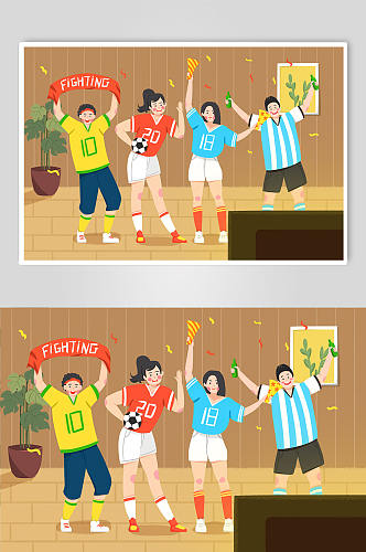 世界杯手绘卡通足球欢呼胜利人物插画
