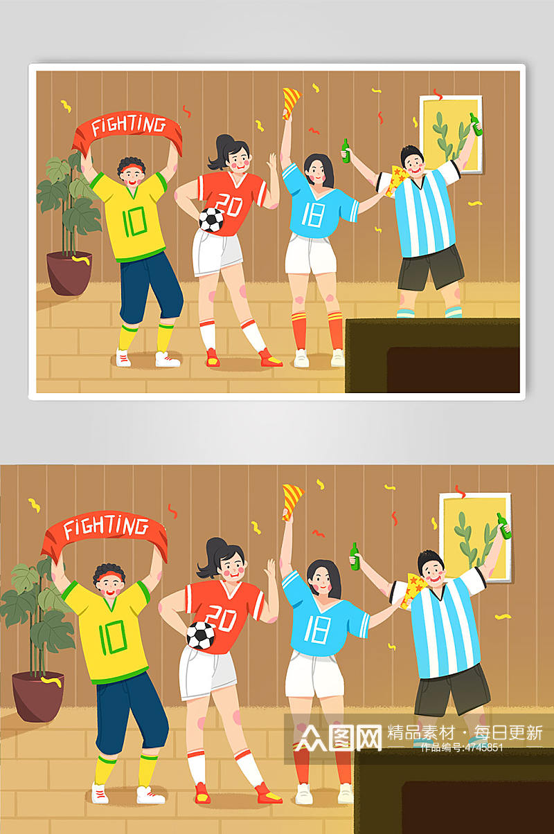 世界杯手绘卡通足球欢呼胜利人物插画素材