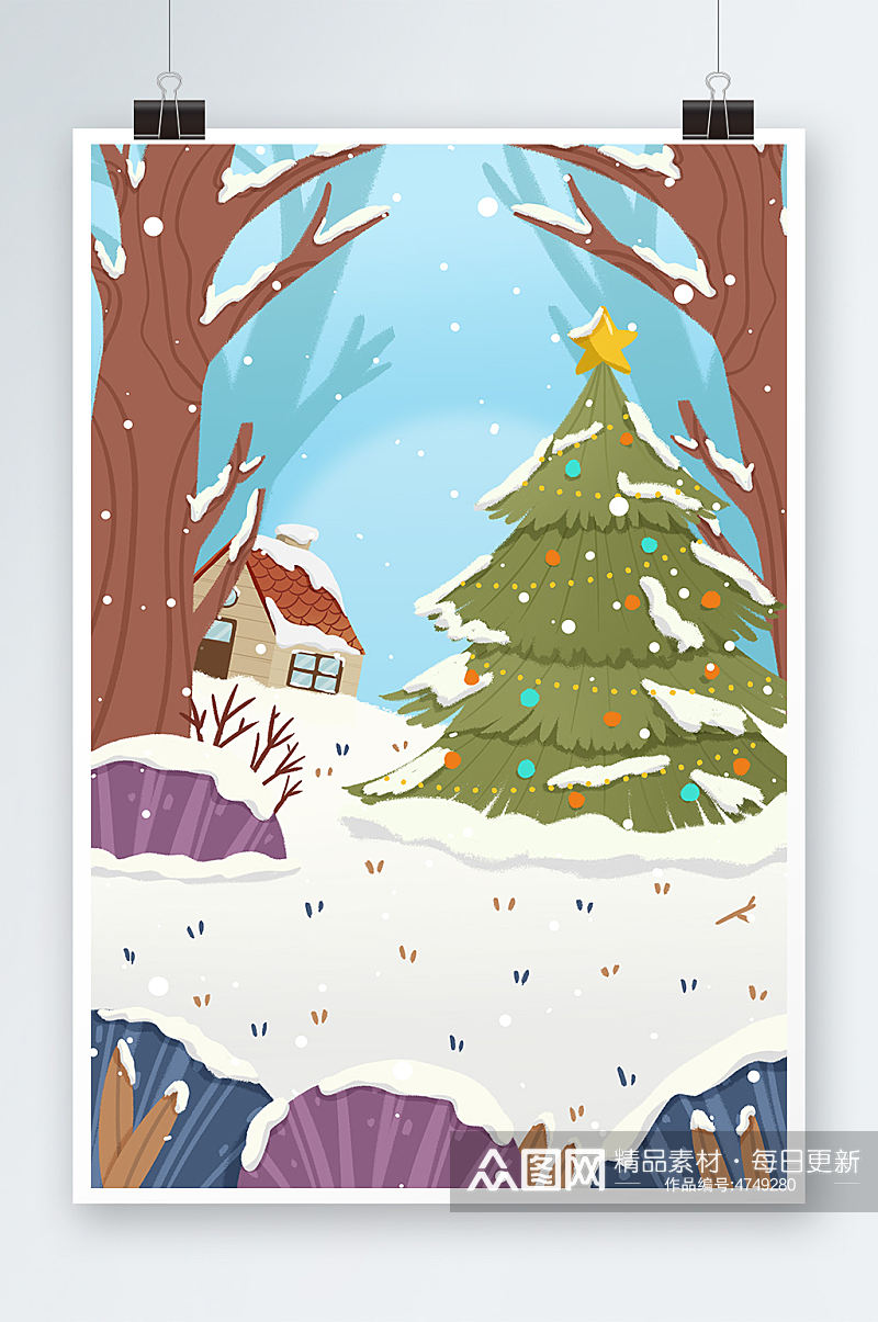 手绘卡通圣诞节冬天户外背景图素材