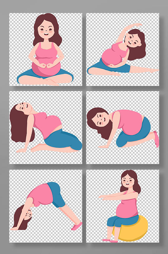 手绘卡通孕妇瑜伽孕妇人物元素插画