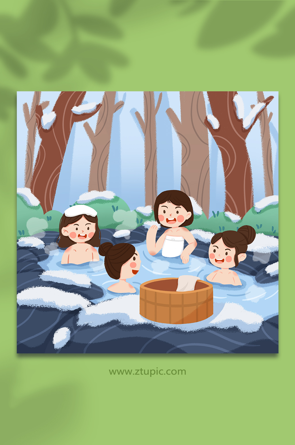 可爱手绘卡通冬季泡温泉人物插画素材