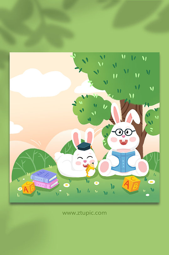 手绘卡通校园兔子学习人物插画