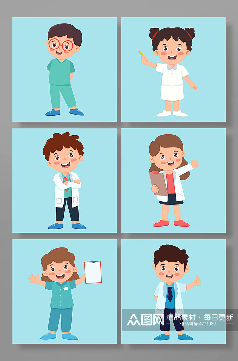 手绘卡通儿童医生医护护士人物元素插画素材