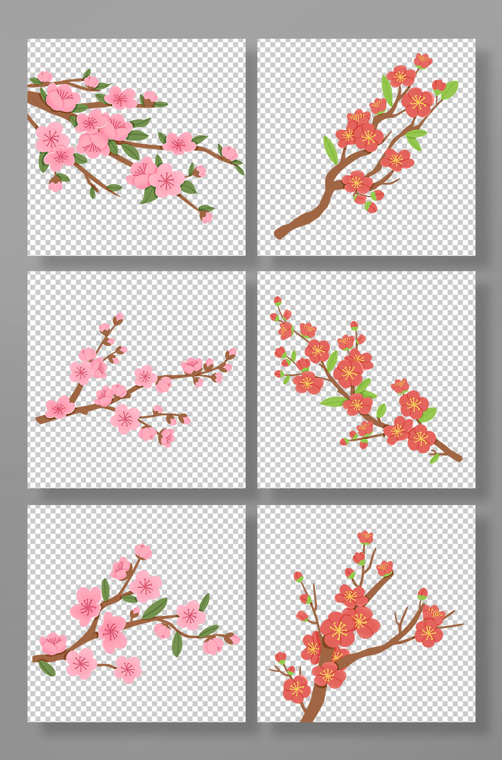 古风手绘桃花花卉元素插画素材