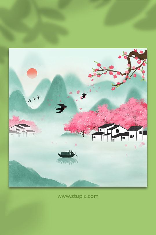 唯美桃花燕子中国风水墨画春季风景插画