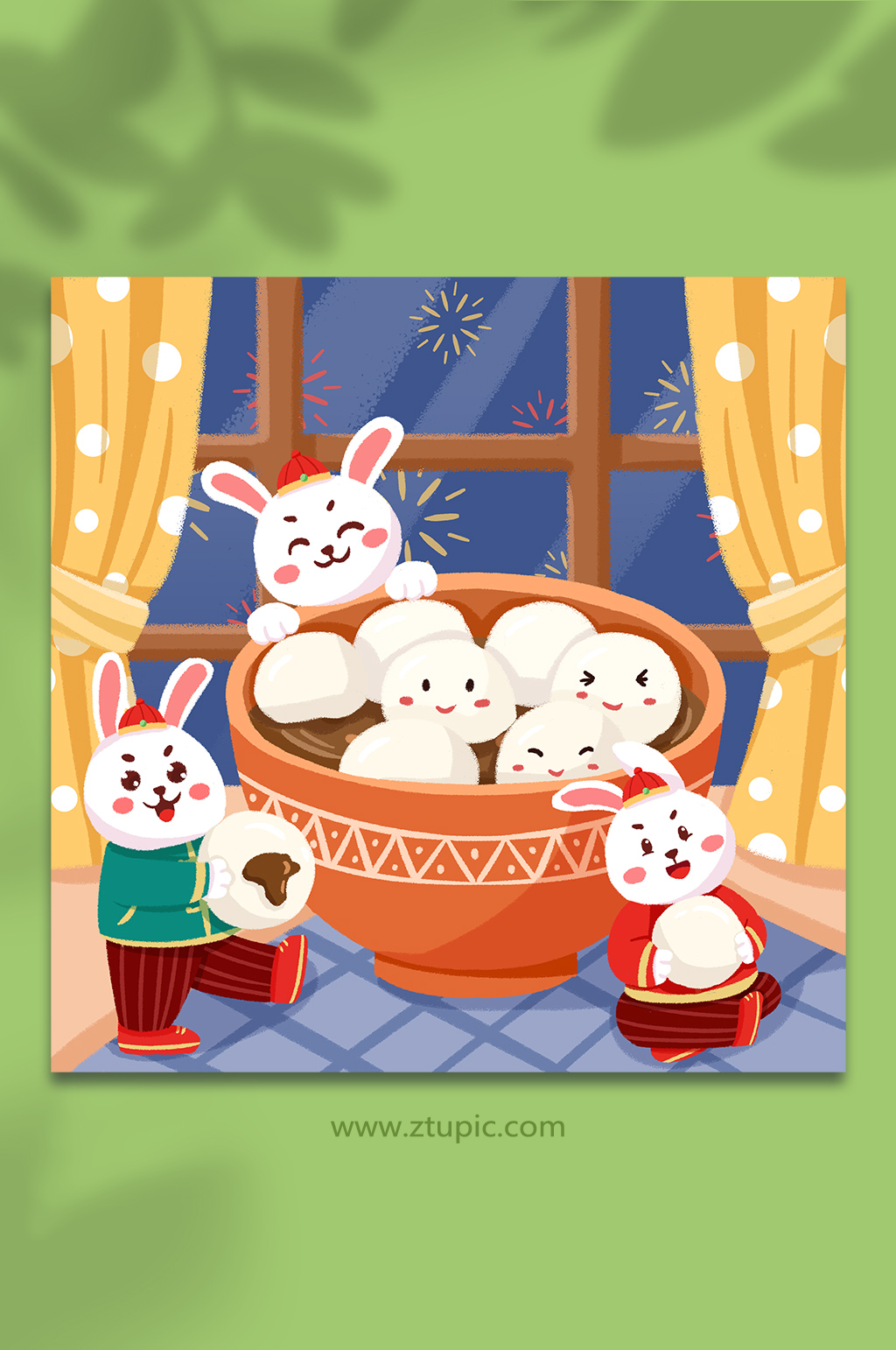 手绘卡通元宵节吃元宵兔年插画素材