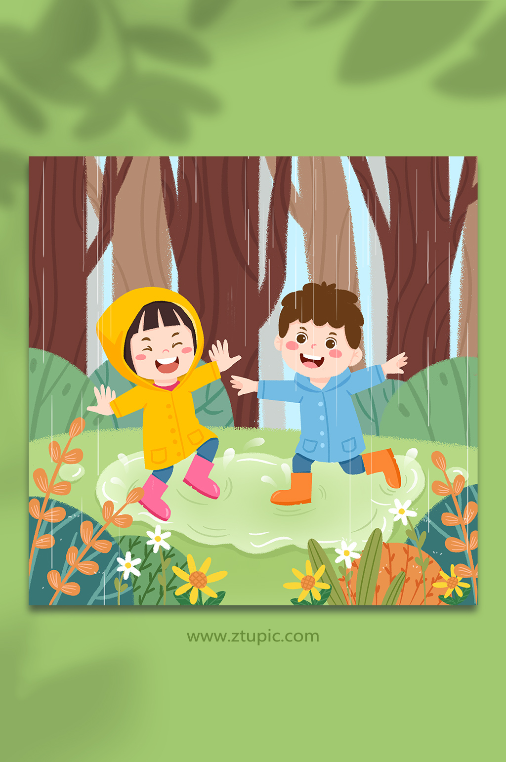 手绘卡通春季雨水节气踏水人物插画素材