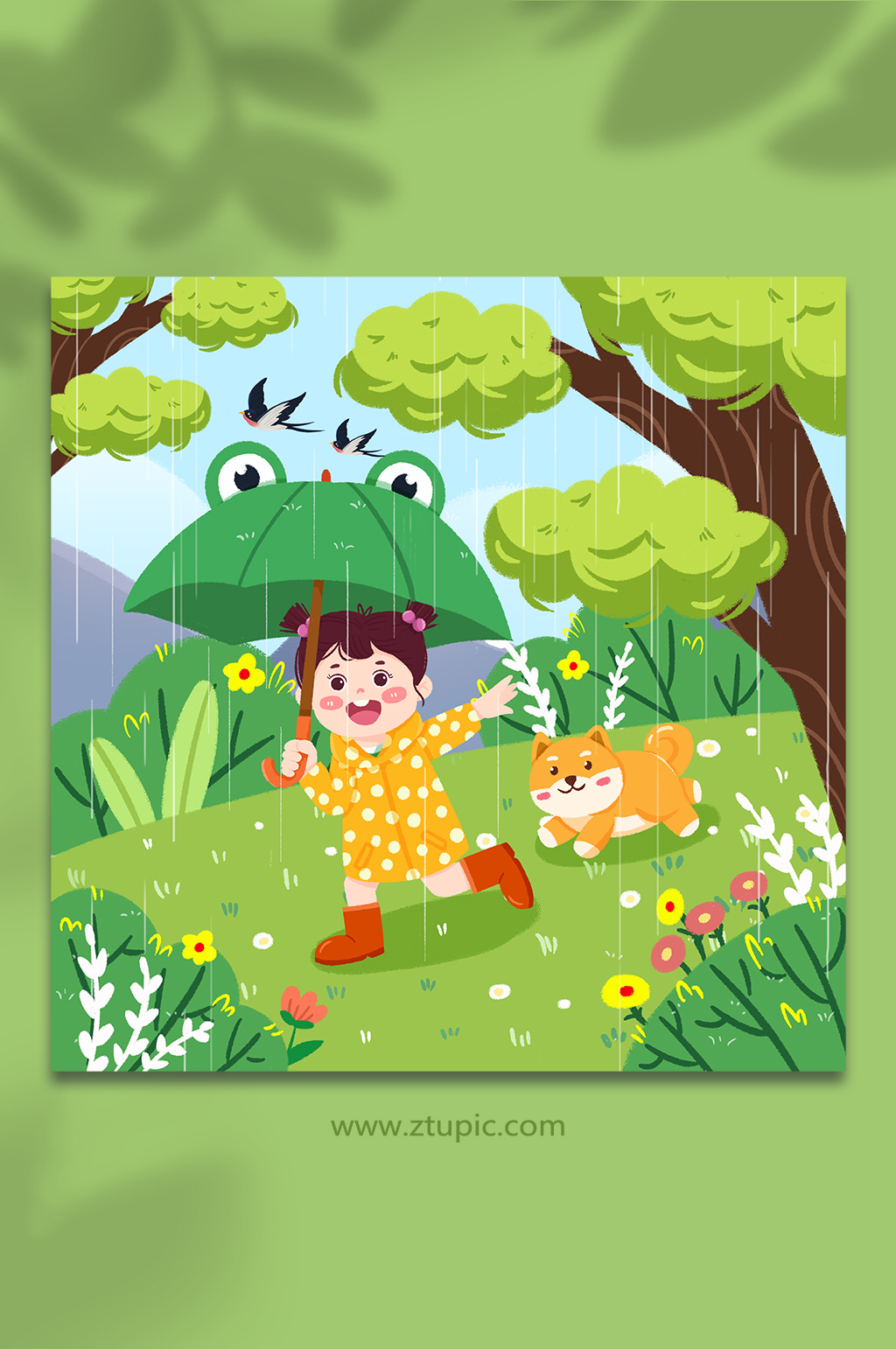 手绘卡通春季雨水节气打伞小女孩人物插画素材