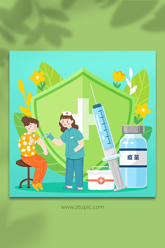 手绘卡通疫苗接种医生打疫苗宣传插画-众图网
