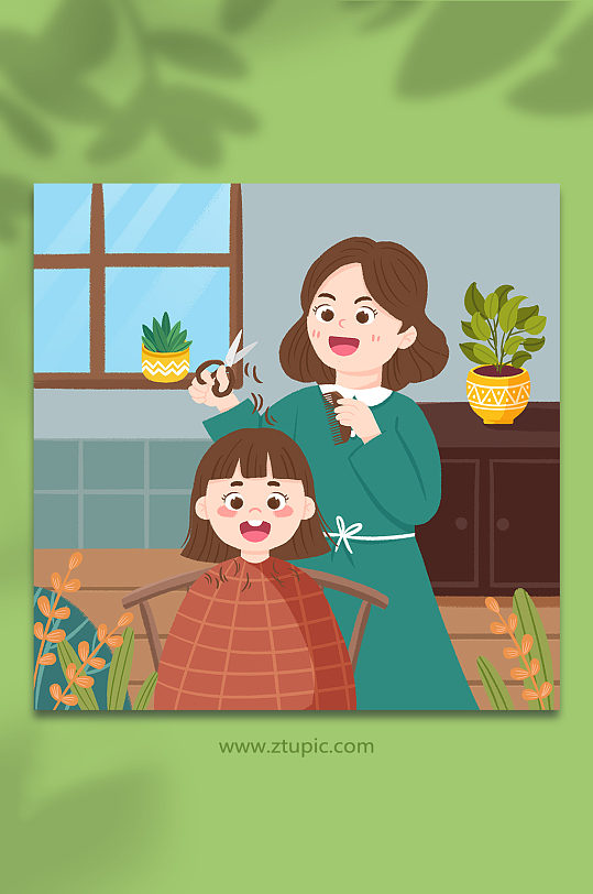 手绘卡通龙抬头妈妈给女人剪头发人物插画-众图网