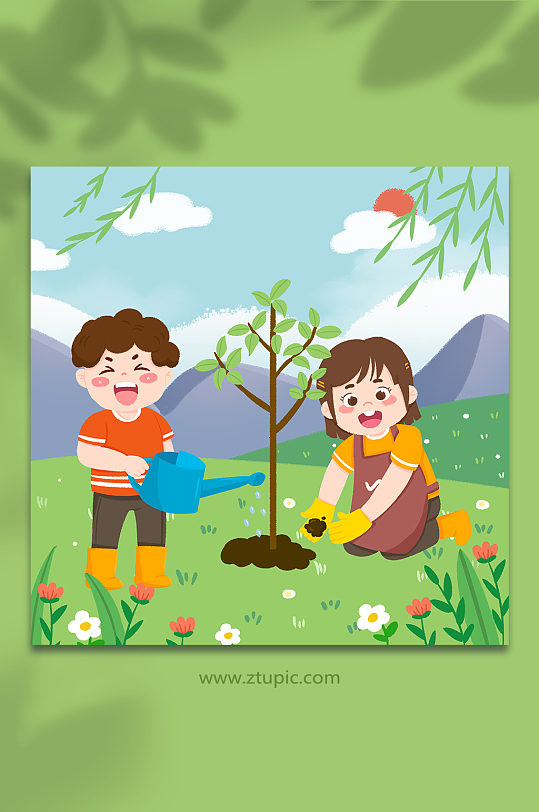 手绘卡通植树节人物插画-众图网