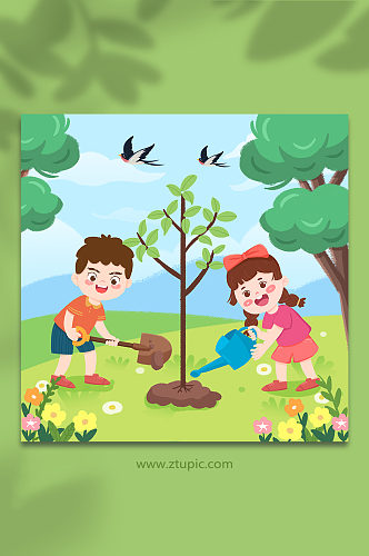 手绘卡通植树节人物儿童种树插画