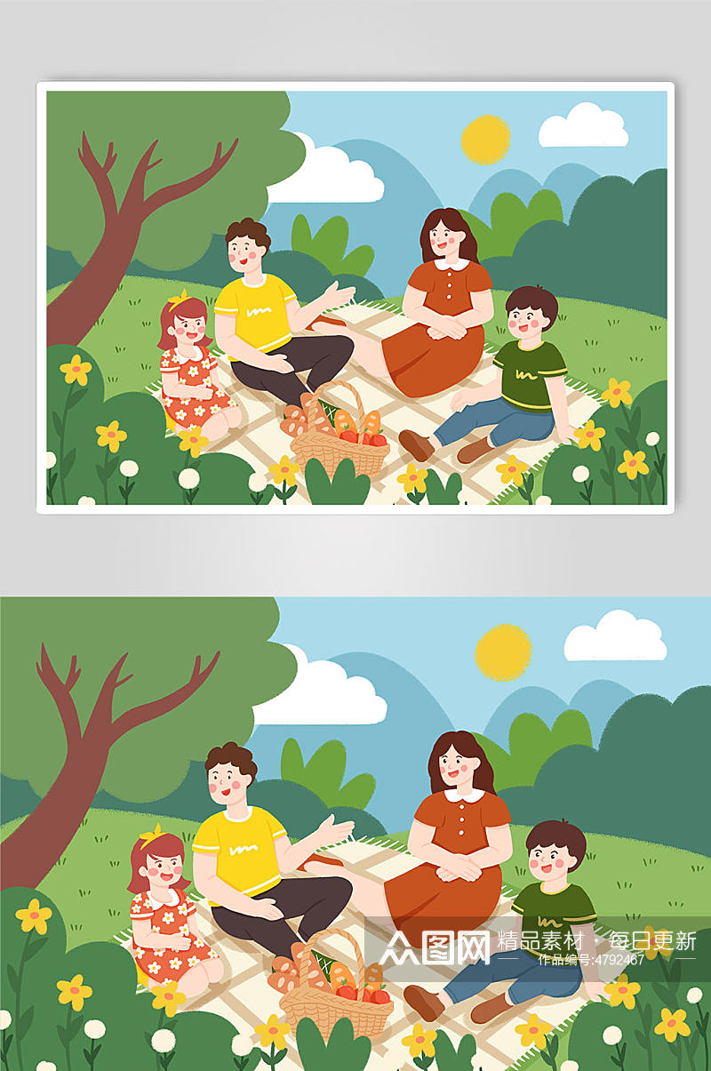 手绘卡通春游踏青一家人野餐人物插画素材