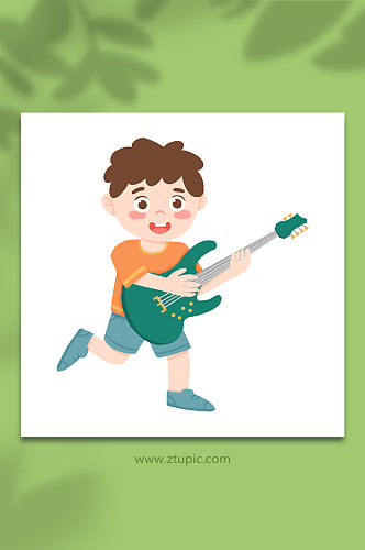 手绘卡通弹电子吉他的小男孩玩乐器人物插画