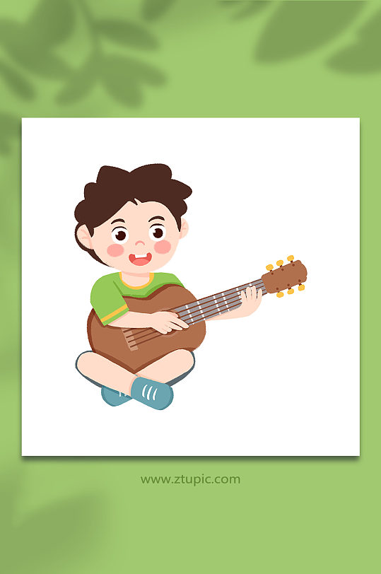 手绘卡通坐着弹吉他的小男孩插画