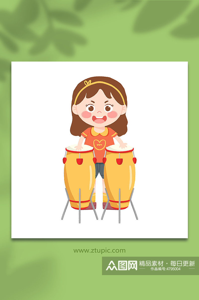 手绘卡通打民族鼓的小女孩玩乐器元素插画素材