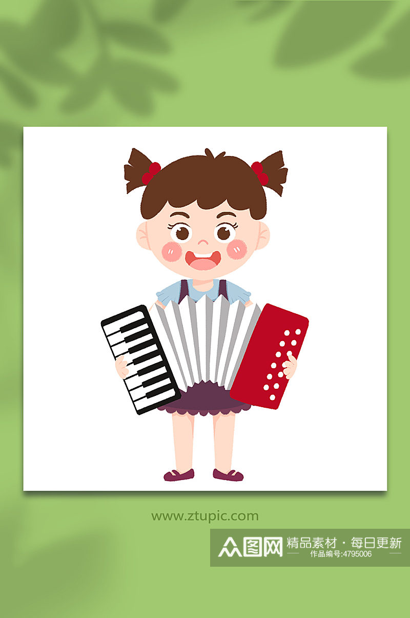 手绘卡通拉手风琴的小女孩玩乐器元素插画素材