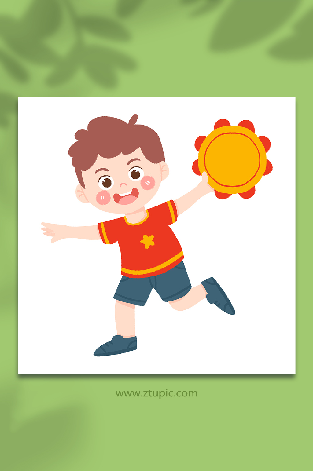 手绘卡通玩手鼓的小男孩玩乐器元素插画素材