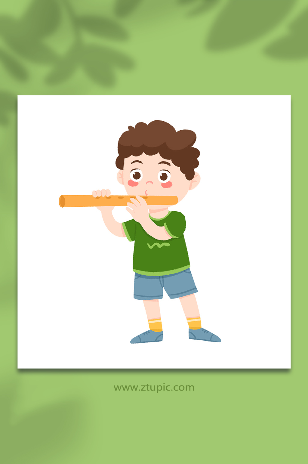 手绘卡通玩乐器吹笛子小男孩元素插画素材