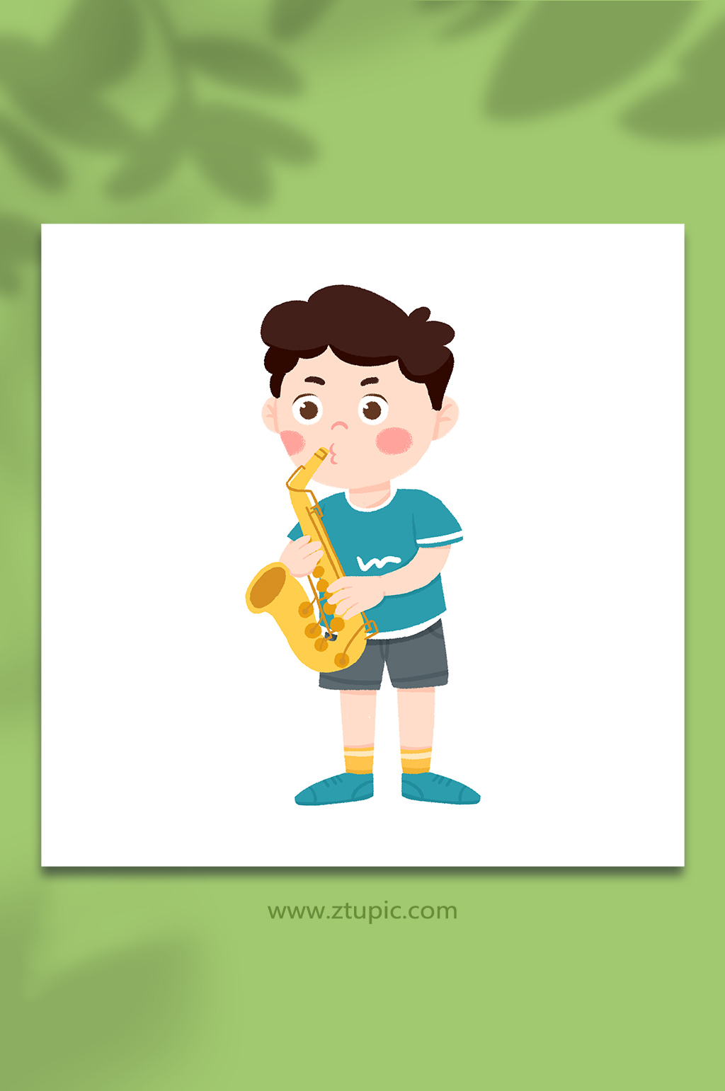 手绘卡通玩乐器吹萨克斯小男孩元素插画素材