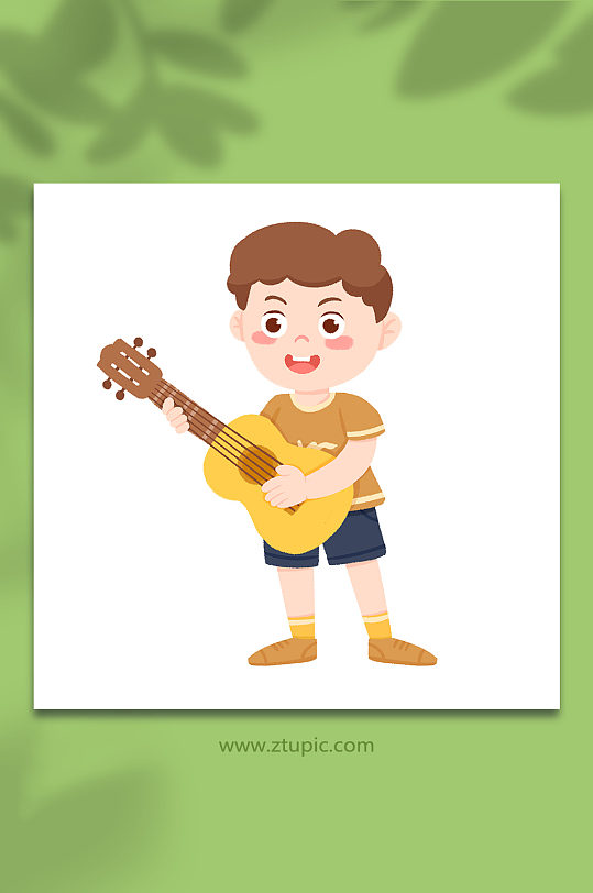 手绘卡通玩乐器弹吉他小男孩元素插画