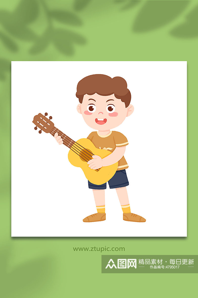 手绘卡通玩乐器弹吉他小男孩元素插画素材
