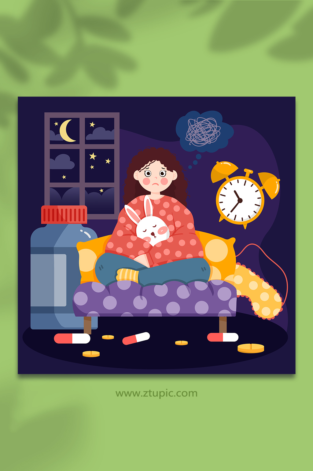 手绘卡通失眠焦虑女孩人物插画素材
