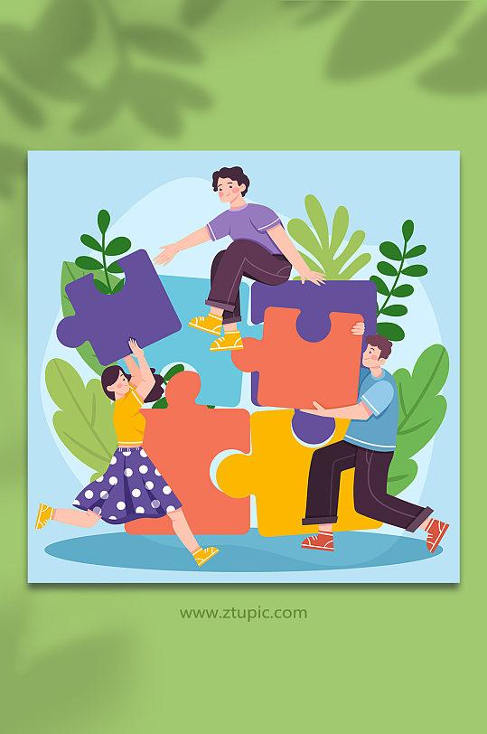 扁平风格企业职场团队办公拼图插画-众图网
