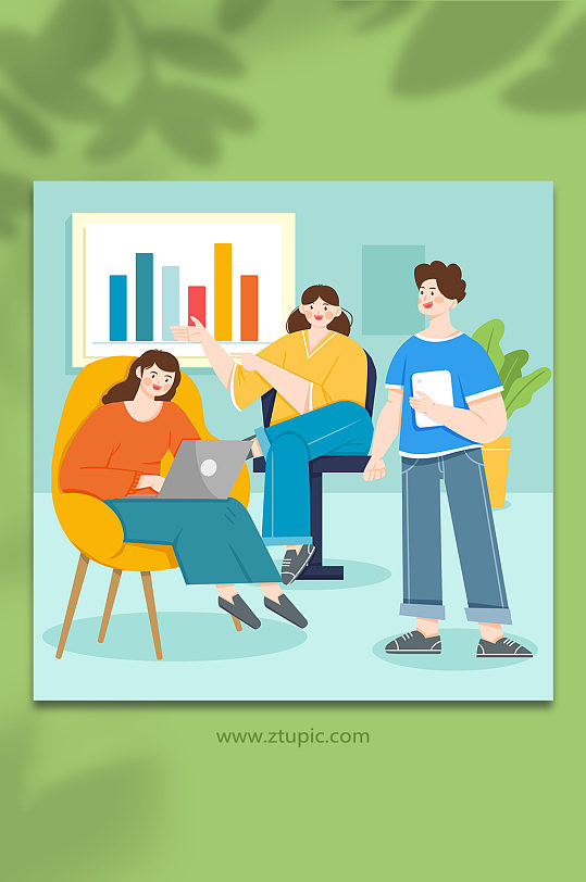 扁平风格企业职场团队办公开会插画-众图网