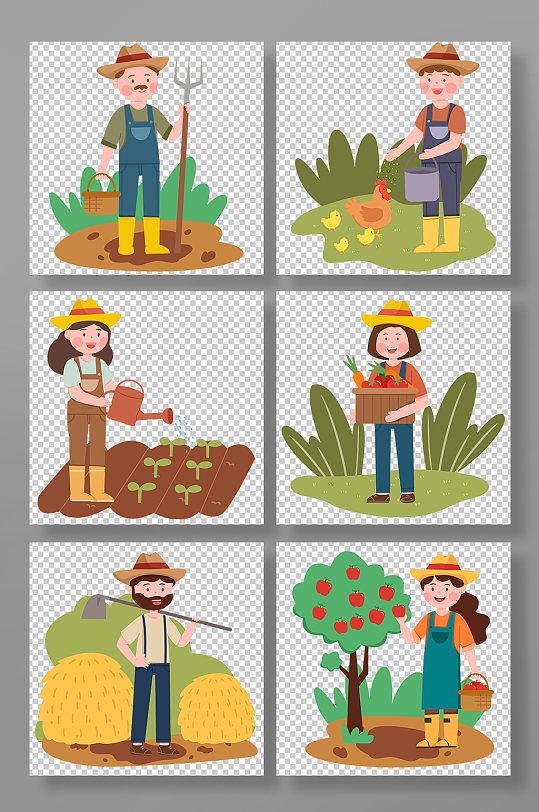 手绘卡通农民农耕种植元素插画-众图网