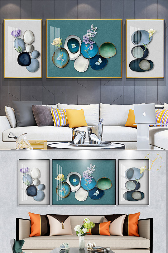 手绘花卉石头三联画-众图网