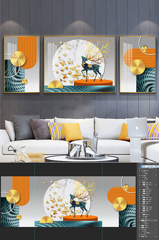 麋鹿几何蝴蝶三联画-众图网