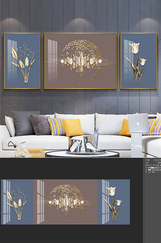 金色植物金箔画晶瓷画三联画-众图网