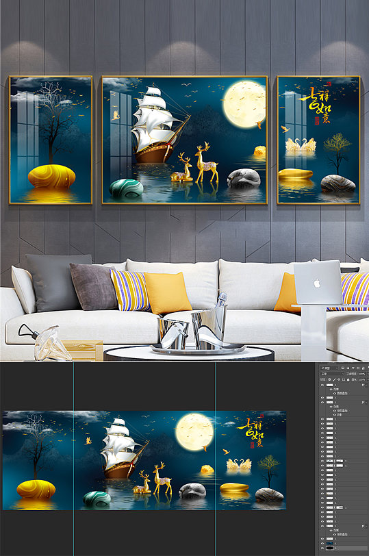 麋鹿帆船转运石装饰画-众图网