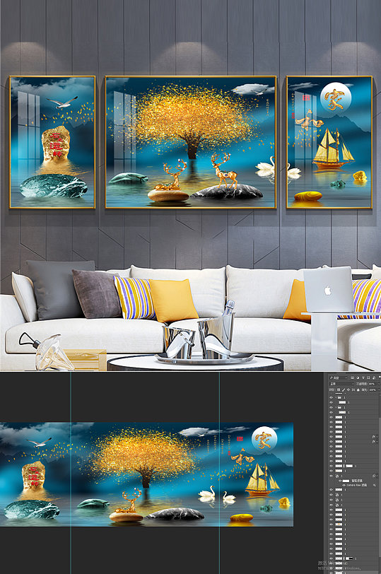 麋鹿发财树石来运转装饰画-众图网