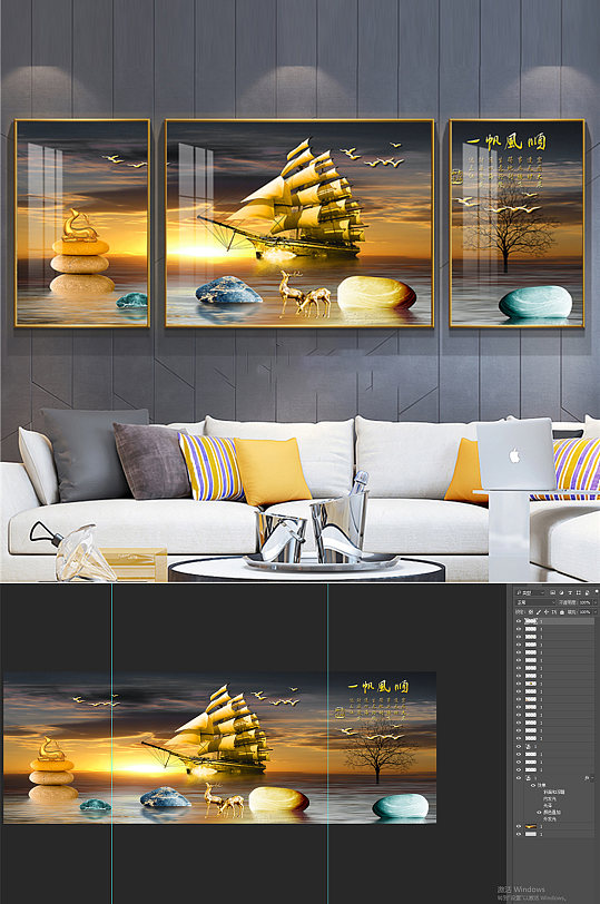 一帆风顺帆船麋鹿转运石装饰画-众图网