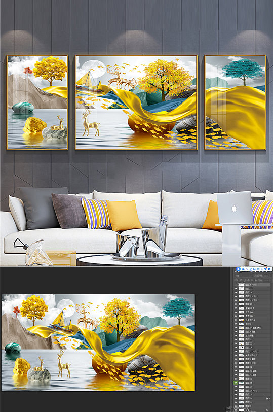 麋鹿飘带山水装饰画-众图网