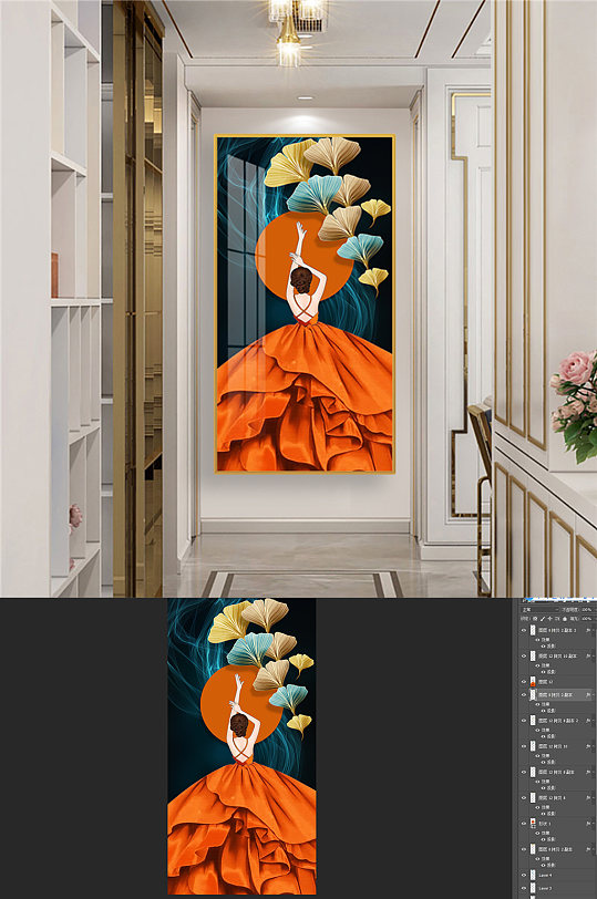 银杏叶美女背影玄关-众图网