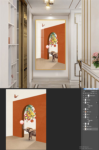 大象花卉蝴蝶装饰画玄关