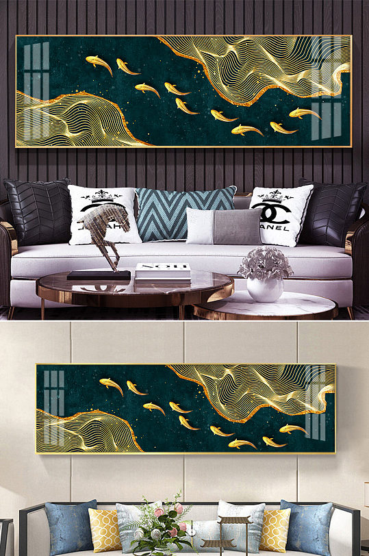 金色线条九鱼图装饰画-众图网