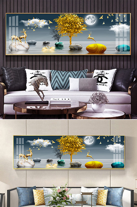 麋鹿发财树转运石山水装饰画-众图网