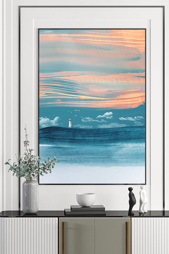 手绘大海风景画装饰画-众图网