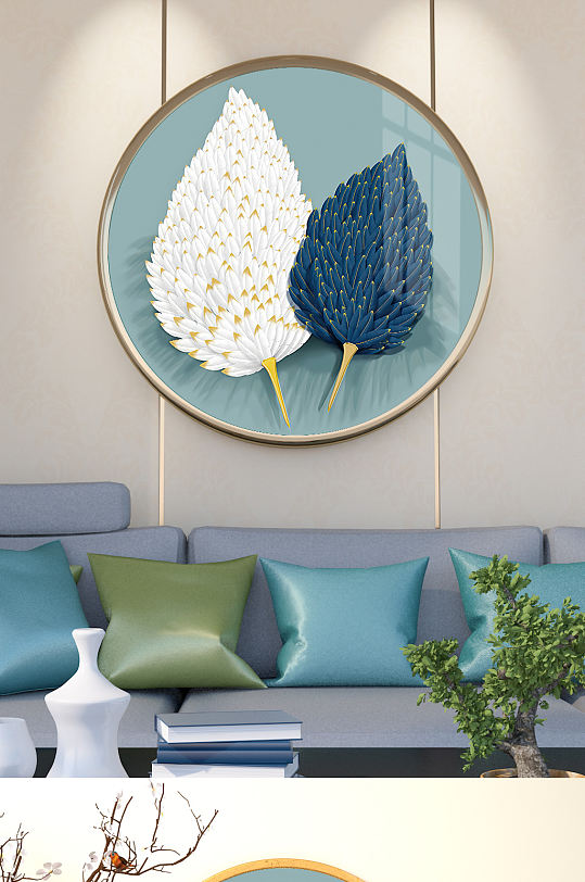 白色蓝色羽毛组合扇子装饰画-众图网