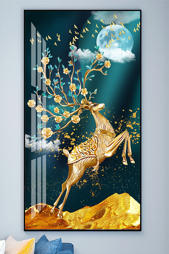 麋鹿发财鹿晶瓷画玄关