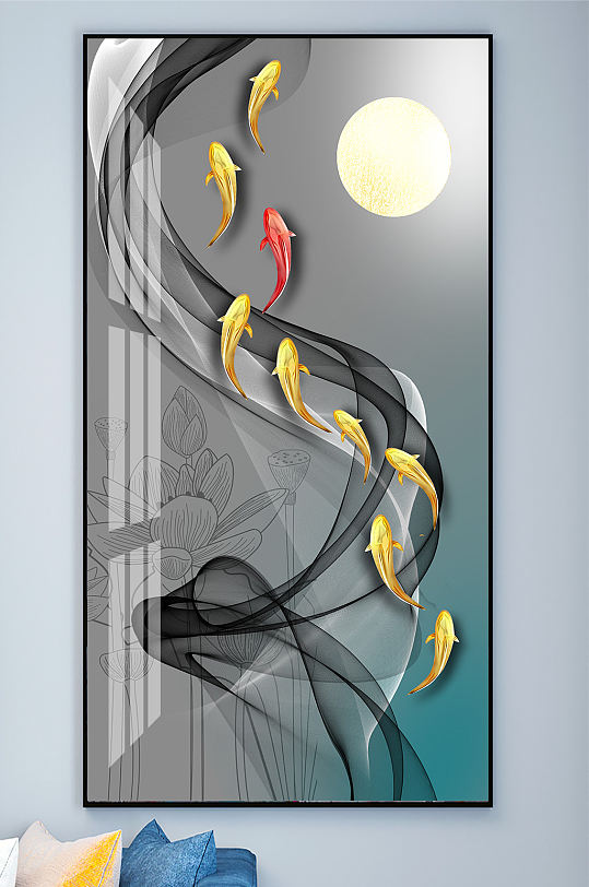 飘带九鱼图晶瓷画玄关-众图网