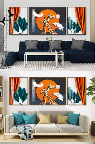 长颈鹿气球羽毛植物装饰画